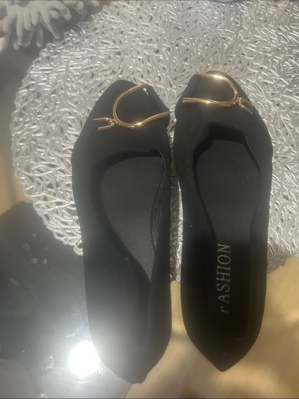 Black Pointed Ballet Flats with Gold Horsebit Accent